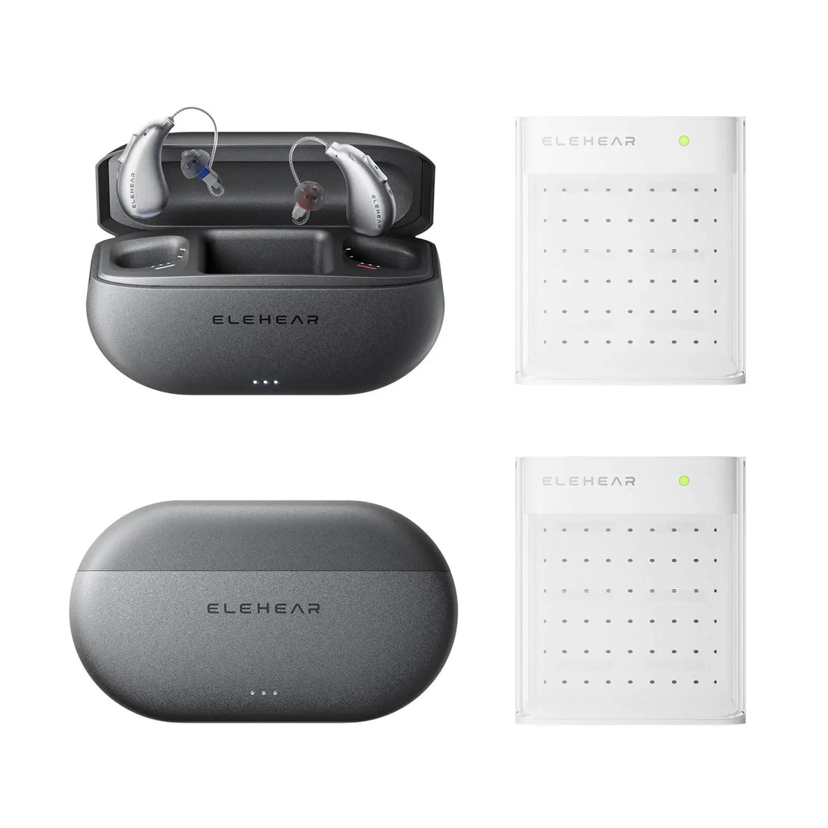 ELEHEAR Beyond hearing aid charging case with silver earbuds and drying capsules