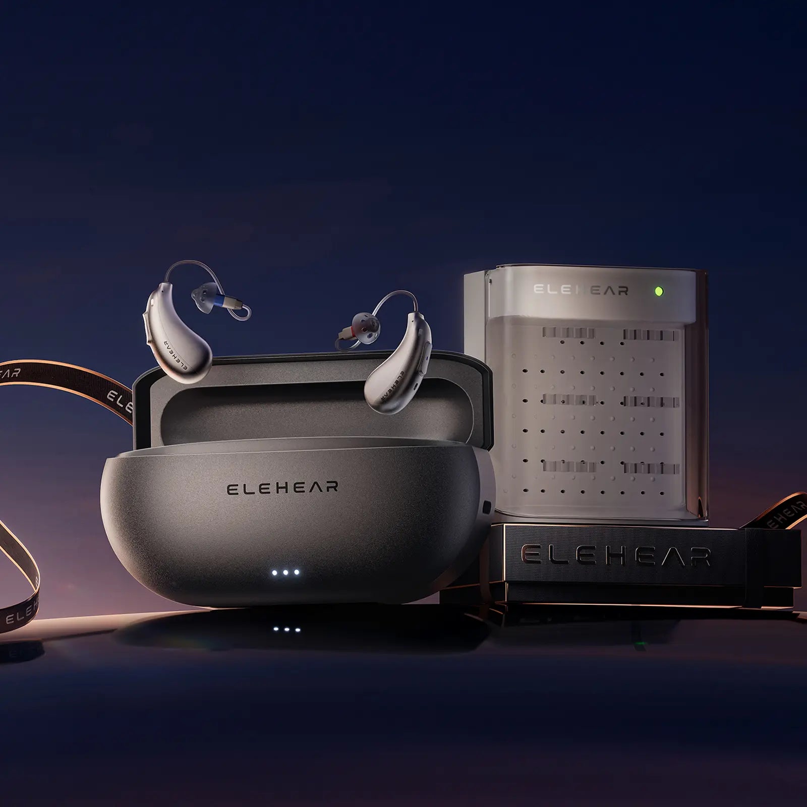 ELEHEAR hearing aids with charging case on a dark background