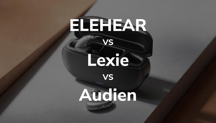 ELEHEAR vs Lexie vs Audien OTC hearing aids comparison graphic, wireless earbud-style hearing device with charging case laid flat on neutral tabletop background