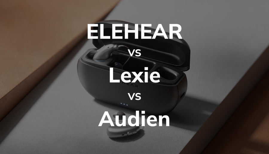 ELEHEAR vs Lexie vs Audien OTC hearing aids comparison graphic, wireless earbud-style hearing device with charging case laid flat on neutral tabletop background