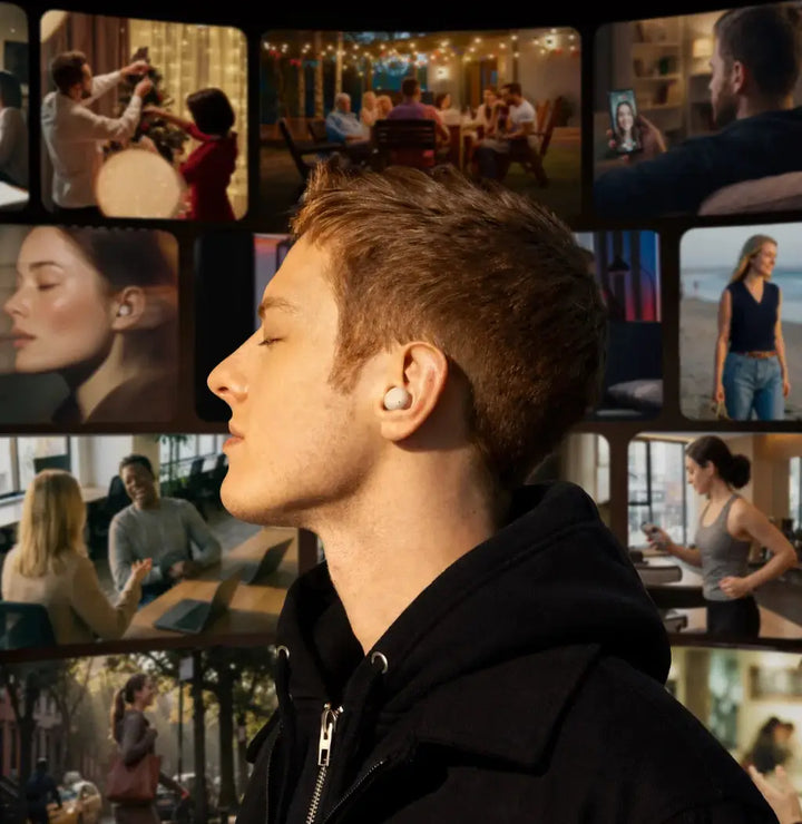 Young man with Elehear hearing aid, collage of daily life scenarios in background