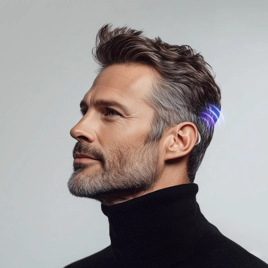 Side profile of mature man wearing Elehear hearing aid with sound wave signal effect illustration