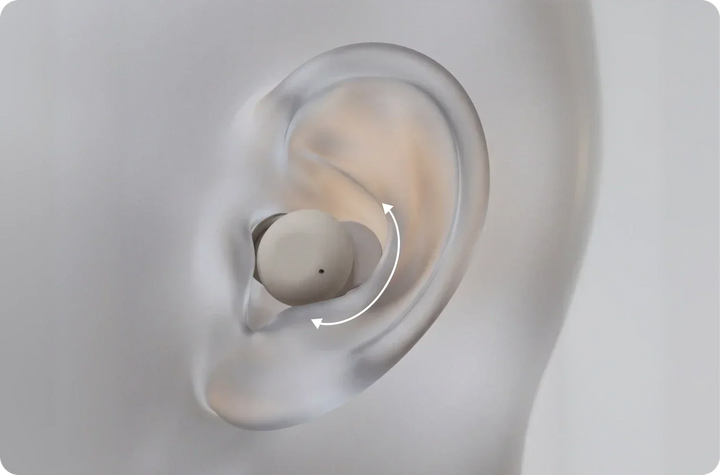 3D ear diagram showing correct installation position of Elehear hearing aid ear tip