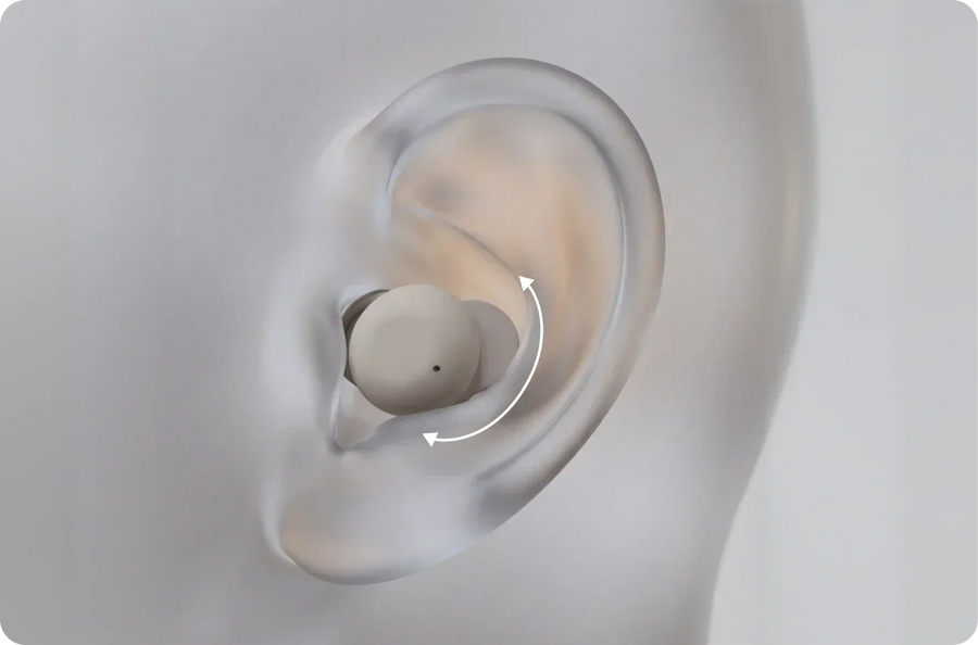 3D ear diagram showing correct installation position of Elehear hearing aid ear tip