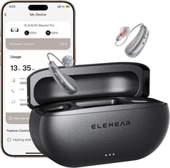 ELEHEAR Beyond Pro hearing aid charging case with silver earbuds and app screen
