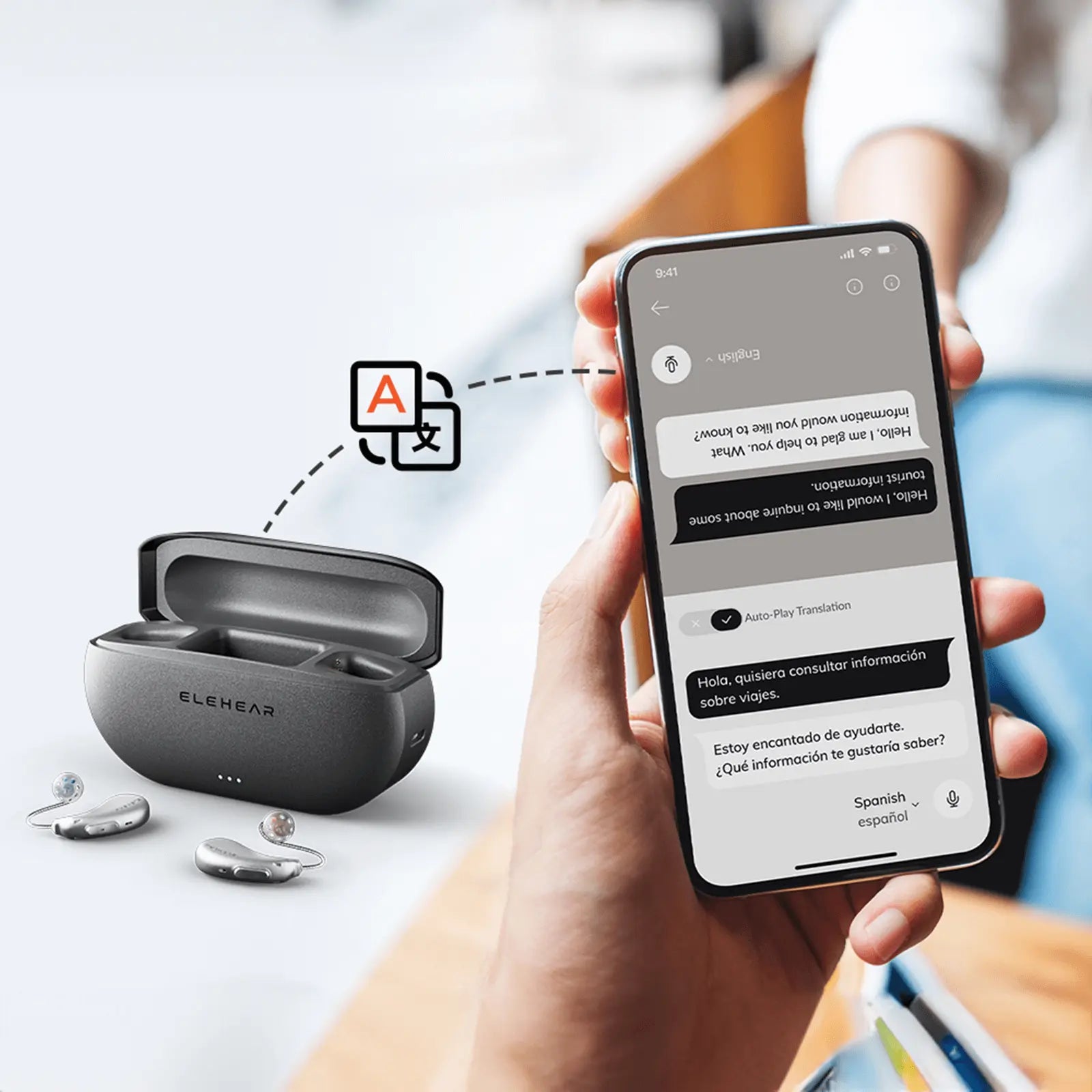 ELEHEAR hearing aid with smartphone showing AI real-time translation app converting speech to multiple languages