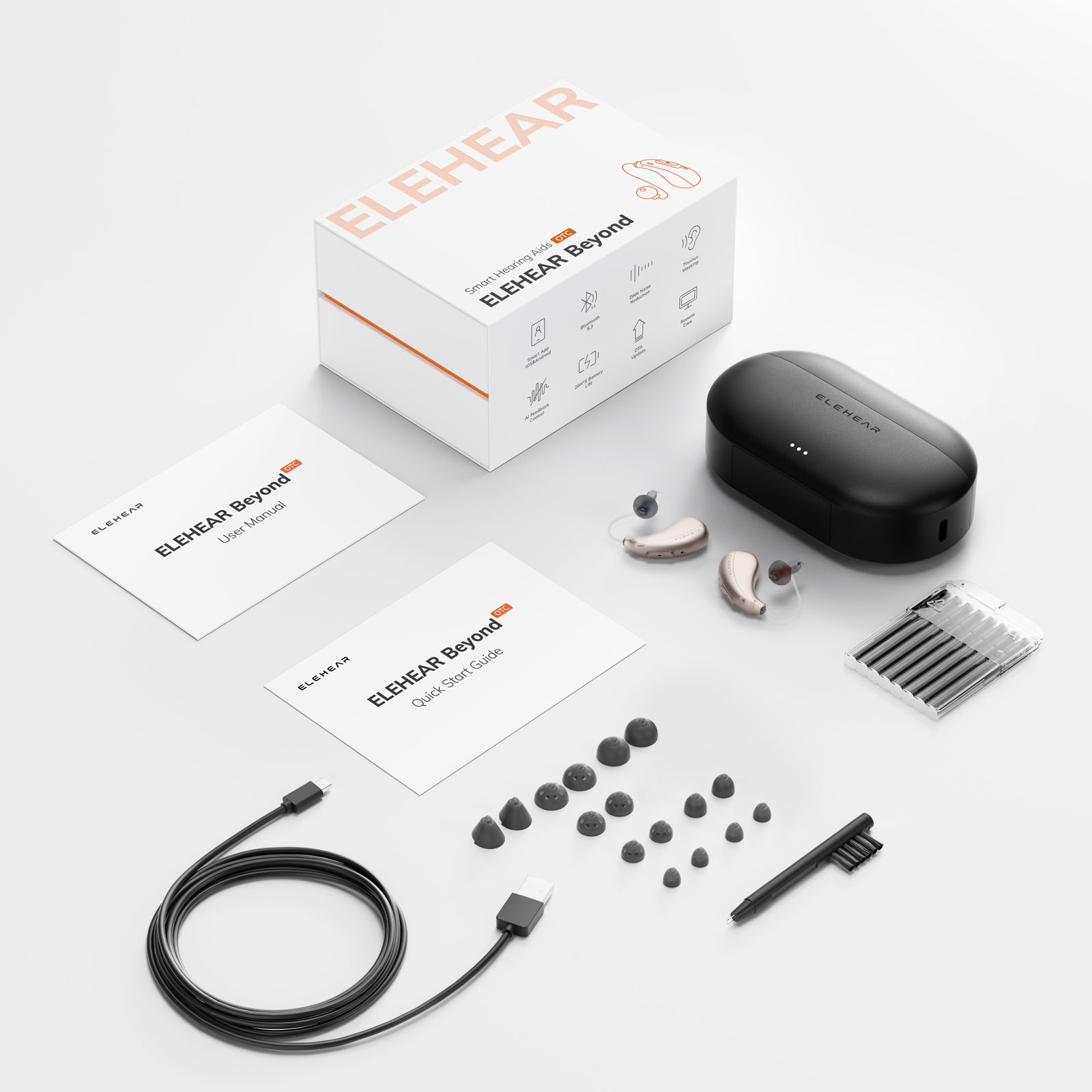 ELEHEAR hearing aid product set with packaging on a white background