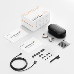 ELEHEAR Beyond OTC hearing aid kit with charging case, earbuds, USB-C cable, eartips, and cleaning tools