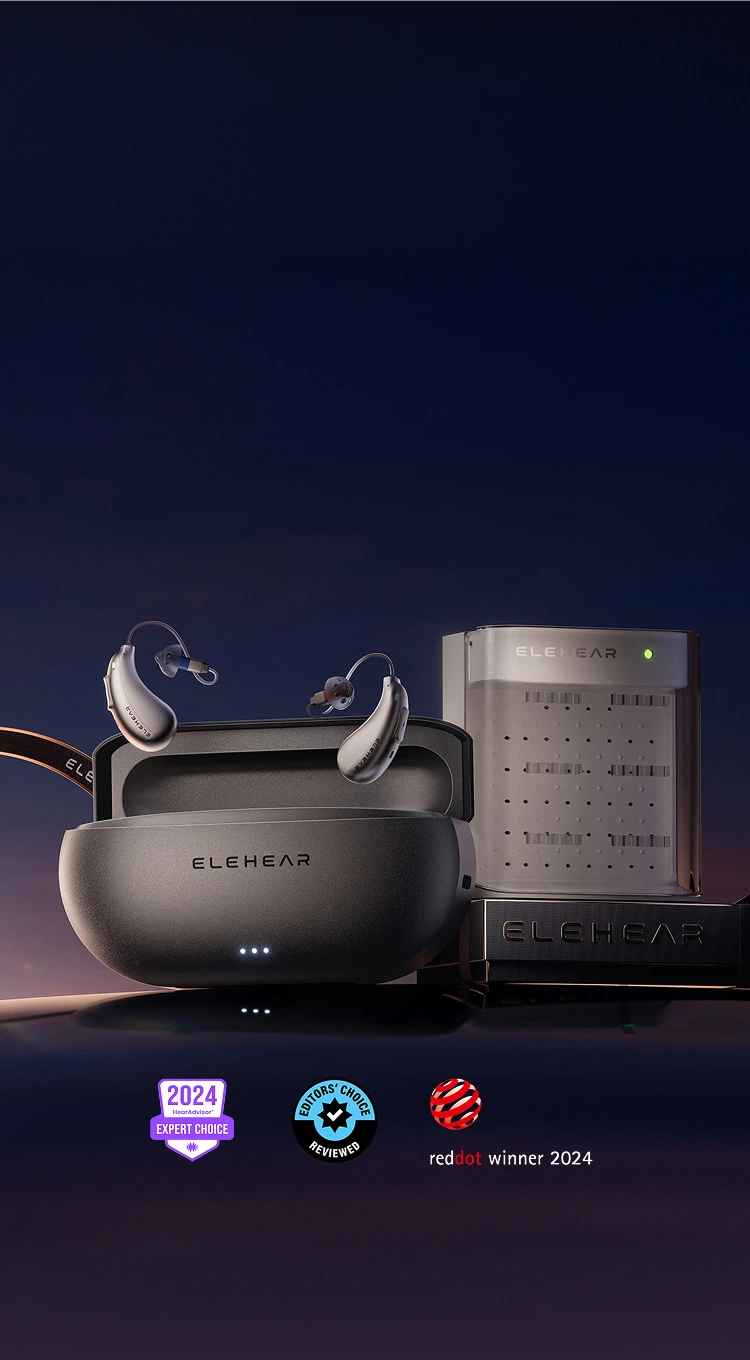 ELEMEAR smart glasses with a building in the background on a dark blue gradient background