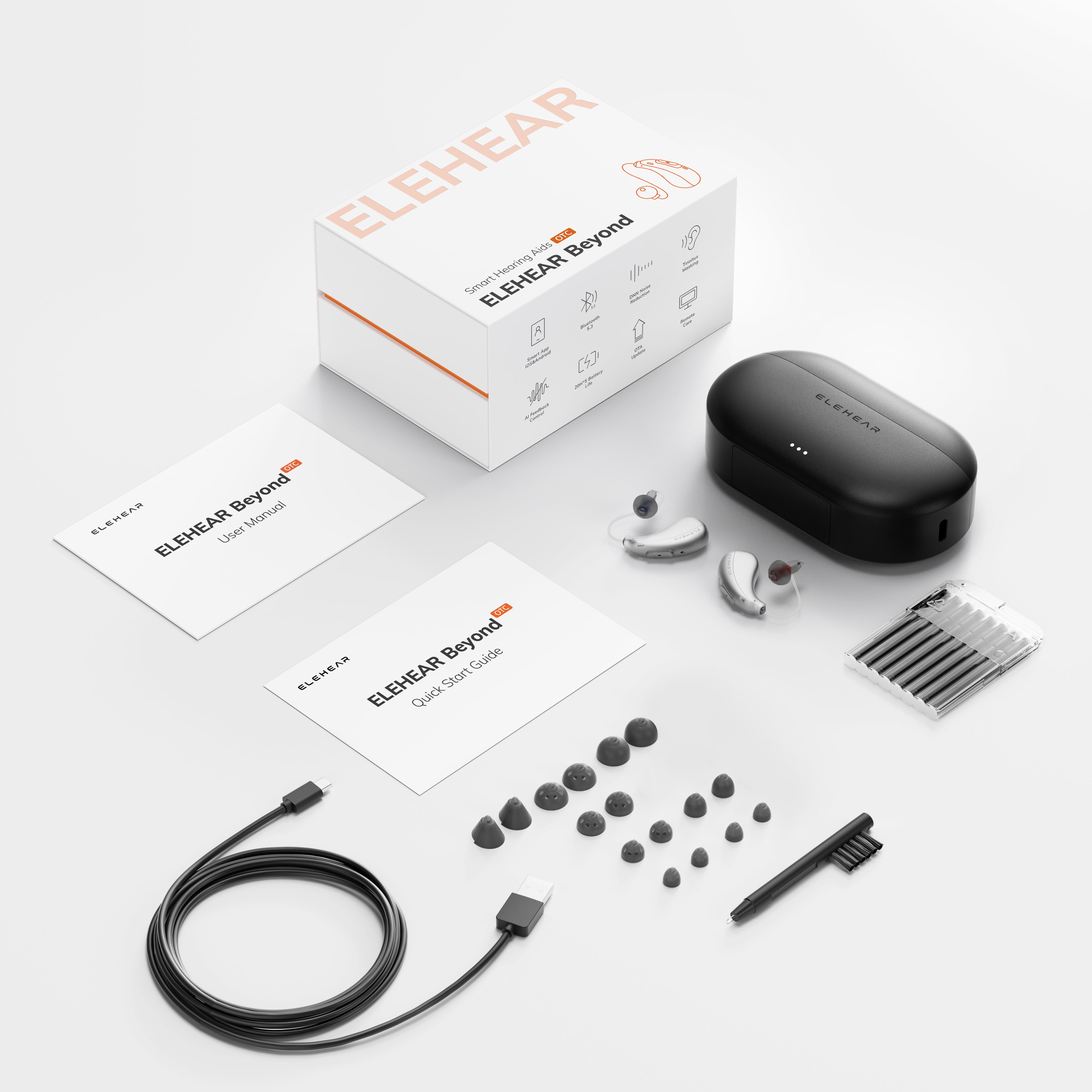 ELEHEAR hearing aid product set with packaging on a white background