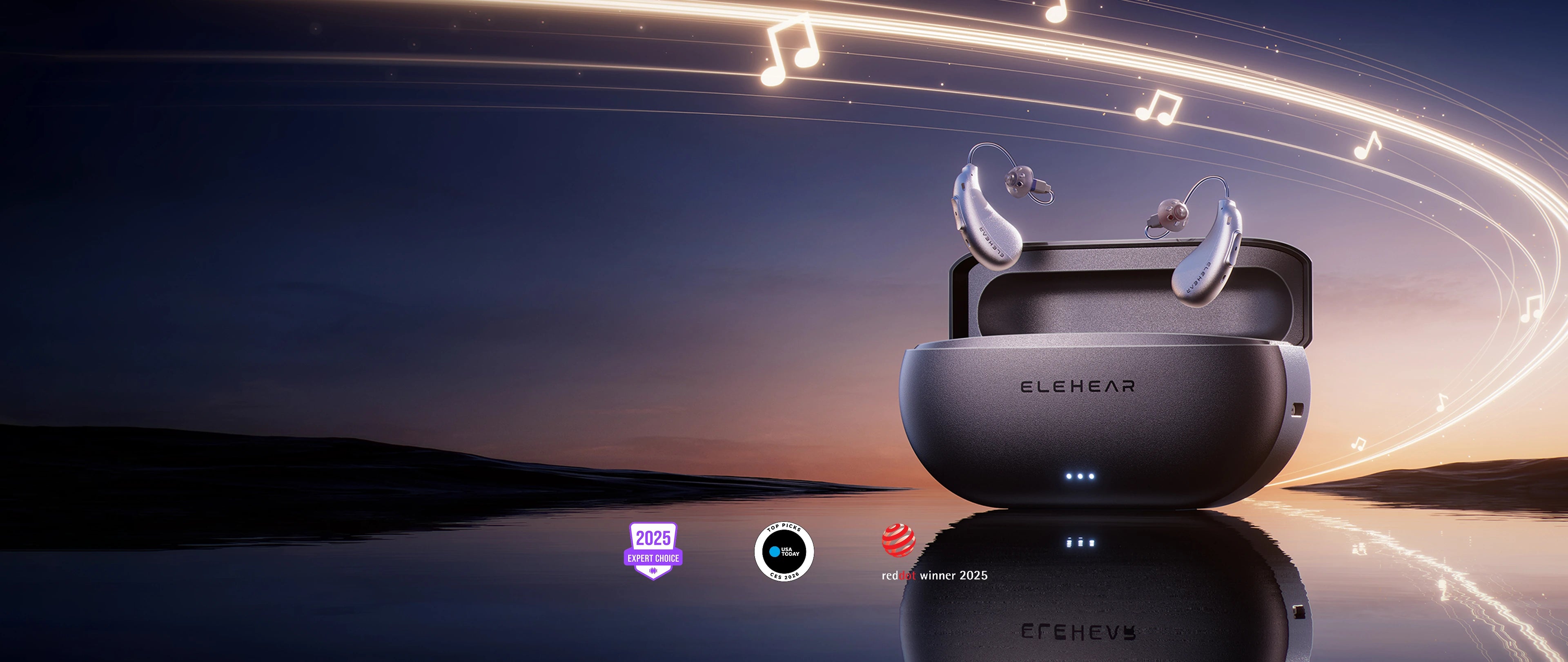 Elevated view of a black electronic device with 'ELEPHAR' branding on a reflective surface with a tunnel-like background.