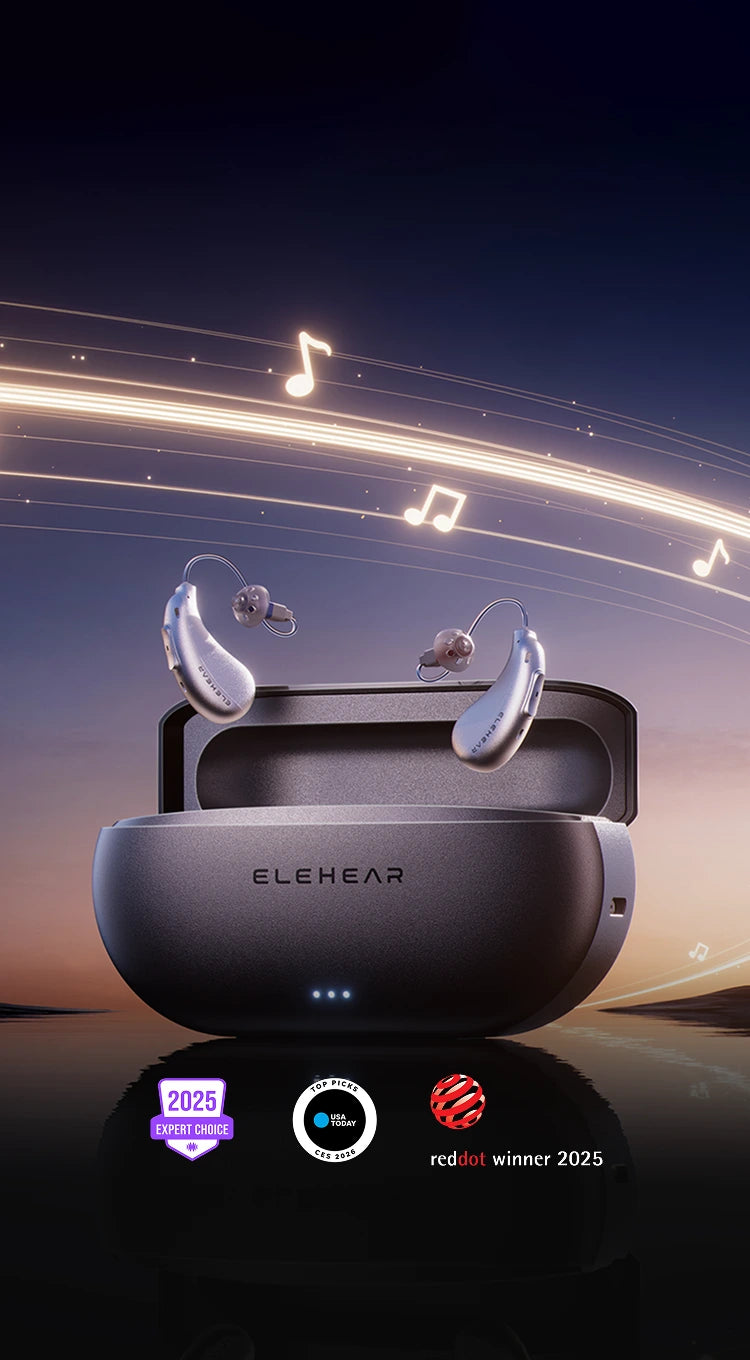 ELEHEAR wireless earbuds with charging case on a dark background with light effects