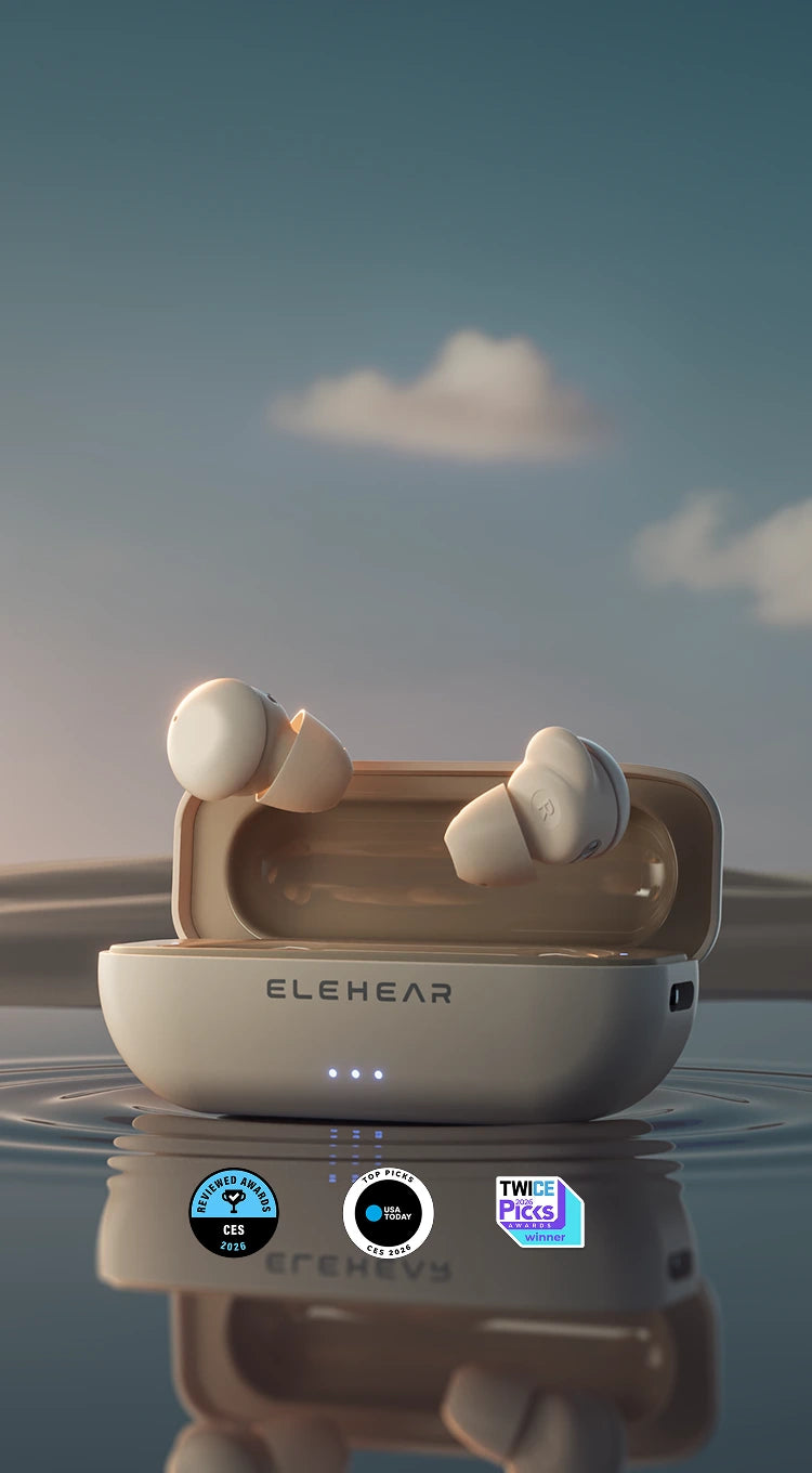 ELEHEAR wireless earbuds with charging case on a reflective water surface with a sky background