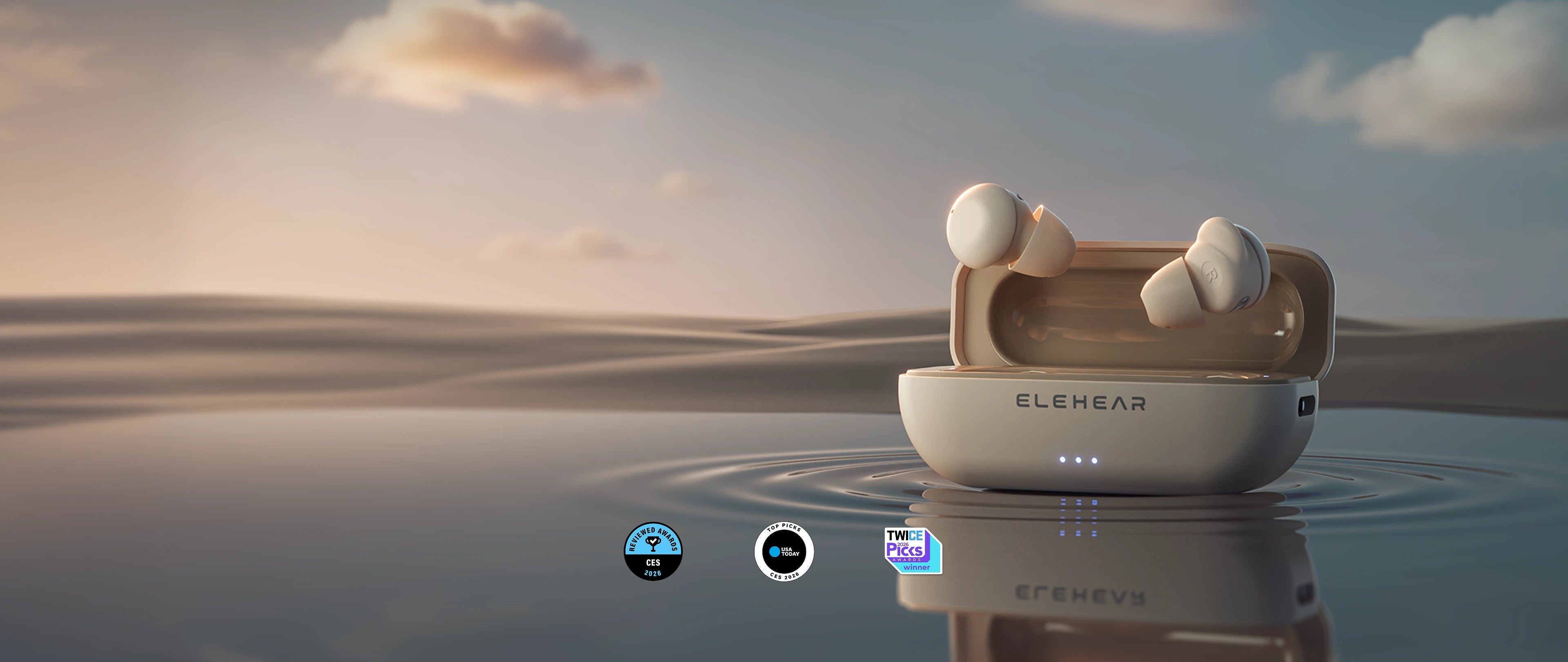 Earmuffs floating on water with a scenic background