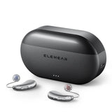 ELEHEAR Beyond Pro silver hearing aids with charging case showing compact portable design and LED indicators thumbnail