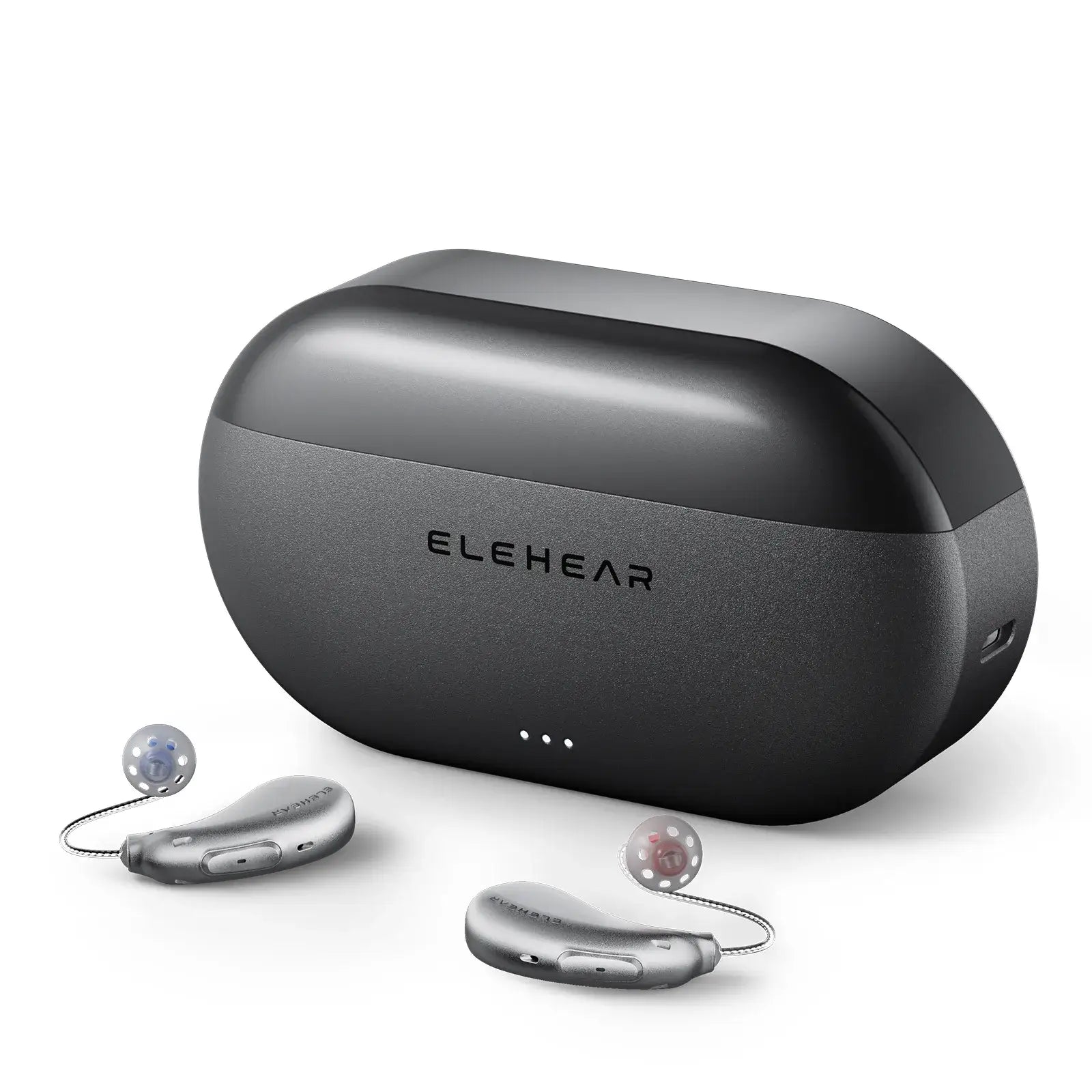 ELEHEAR Beyond Pro silver hearing aids with charging case showing compact portable design and LED indicators