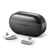 ELEHEAR Beyond Pro silver hearing aids with charging case showing LED battery indicators and compact design thumbnail