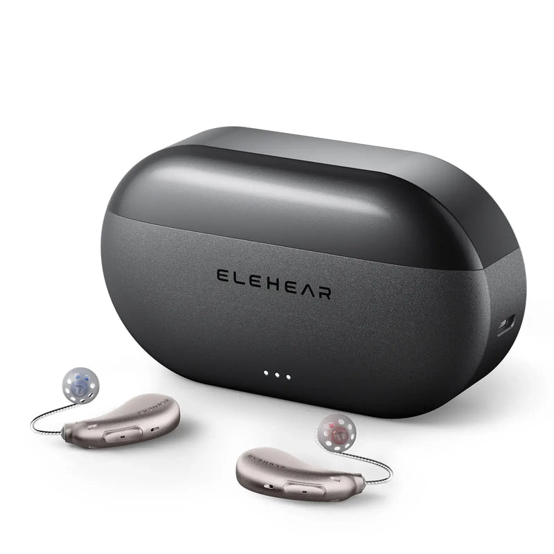 ELEHEAR Beyond Pro silver hearing aids with charging case showing LED battery indicators and compact design