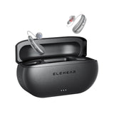 ELEHEAR Beyond Pro hearing aids floating above open charging case showing silver BTE devices with LED indicators thumbnail