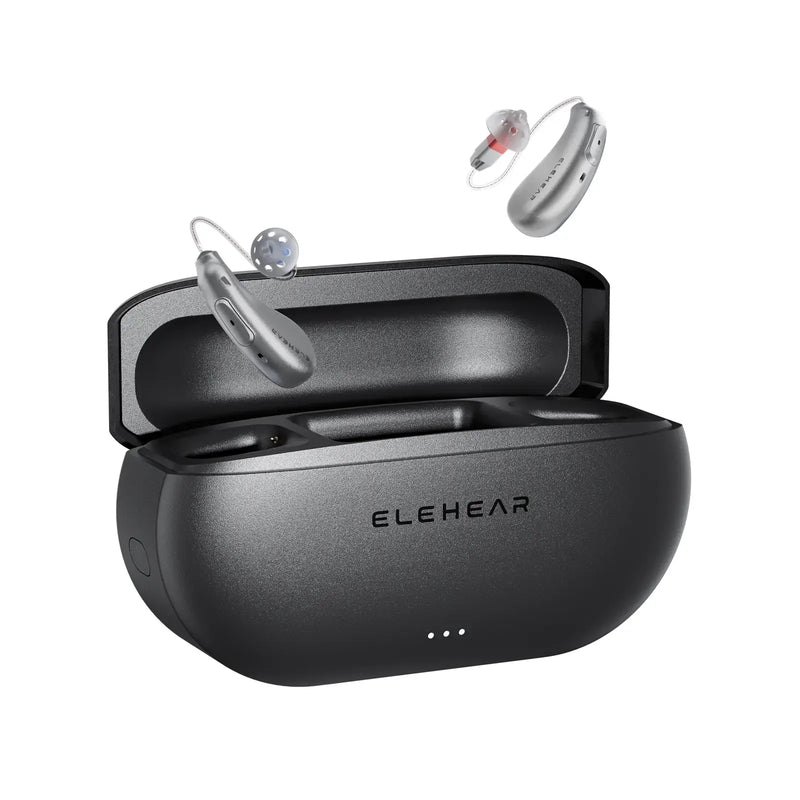 ELEHEAR Beyond Pro hearing aids floating above open charging case showing silver BTE devices with LED indicators