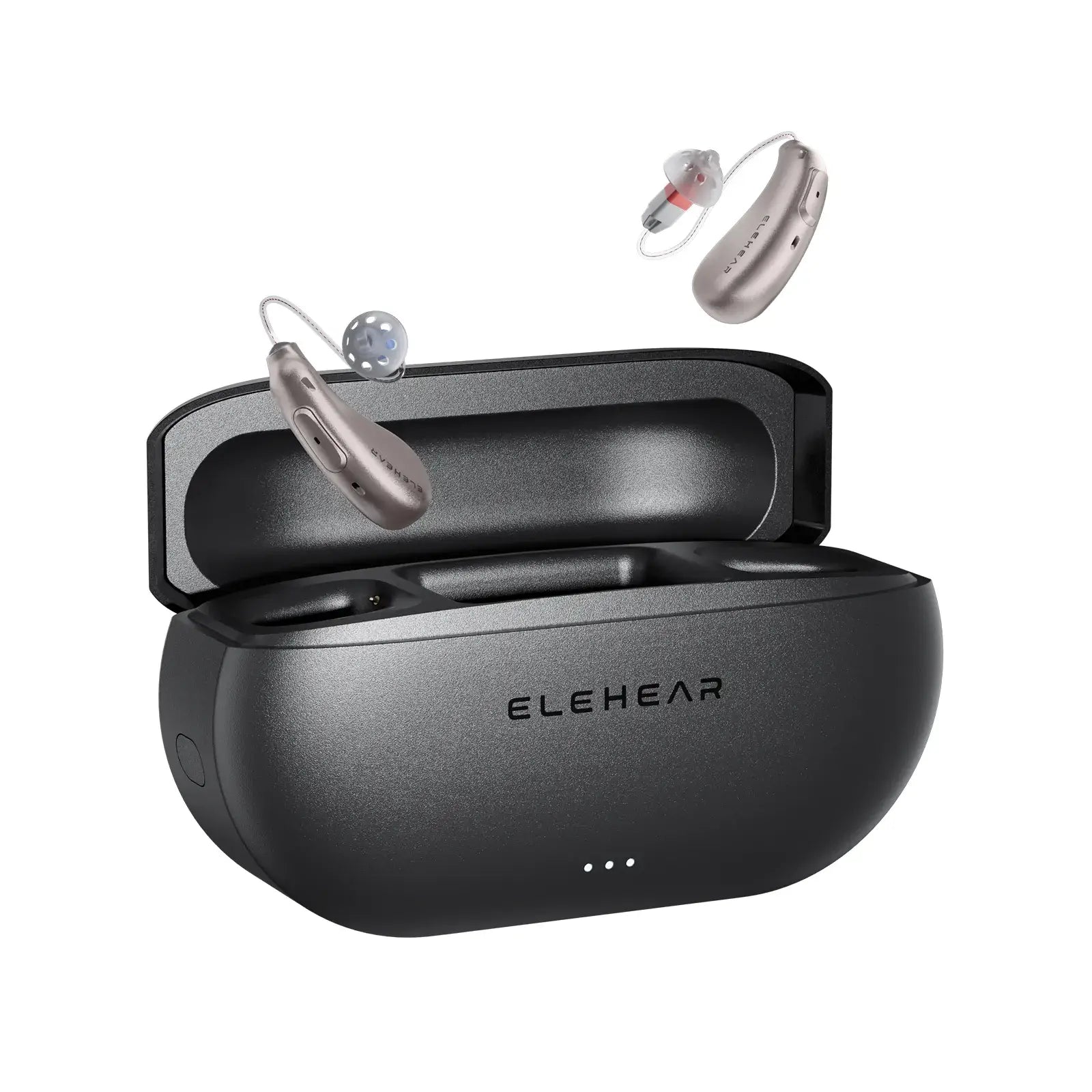 ELEHEAR Beyond Pro hearing aids floating above charging case showing silver BTE devices and portable design