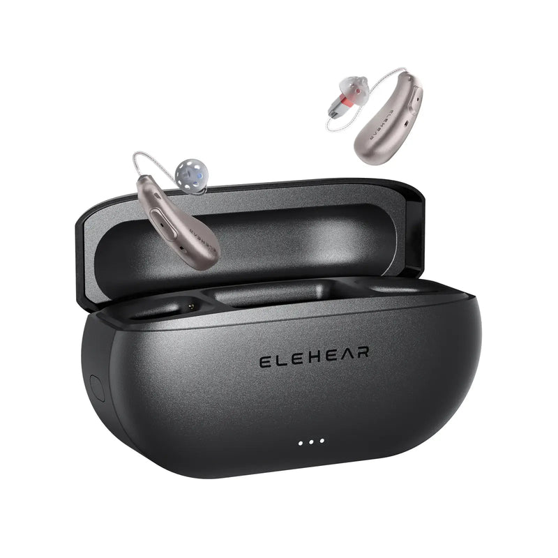 ELEHEAR Beyond Pro hearing aids floating above charging case showing silver BTE devices and portable design