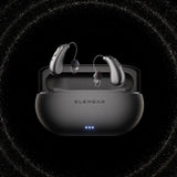 ELEHEAR Beyond Pro silver hearing aids in charging case with blue LED indicators on black background thumbnail