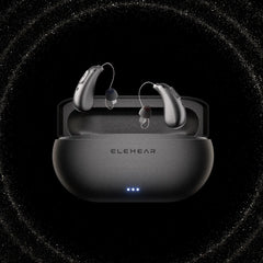 ELEHEAR Beyond Pro silver hearing aids in charging case with three LED indicators
