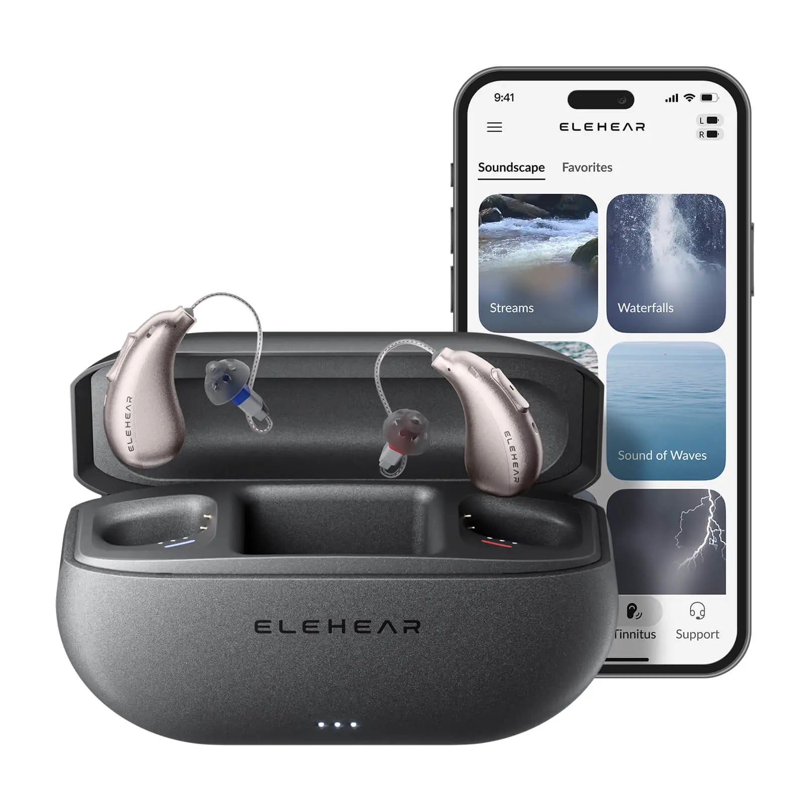 ELEHEAR hearing aids in charging case with smartphone displaying soundscape app featuring relaxing nature sounds