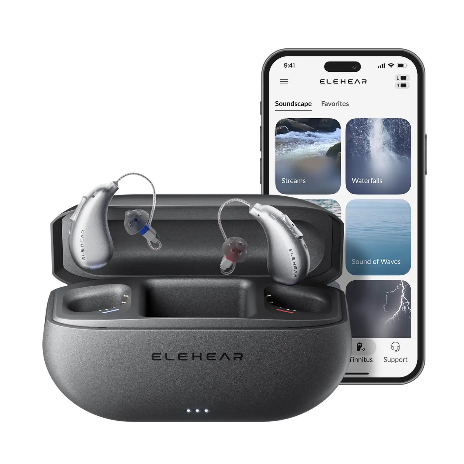 ELEHEAR hearing aids with smartphone app showing soundscape library featuring nature sounds like streams and waterfalls