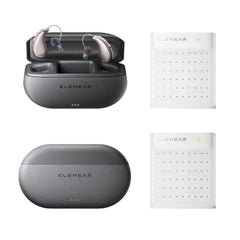 ELEHEAR Beyond hearing aids with charging case, drying capsules, and white drying dock