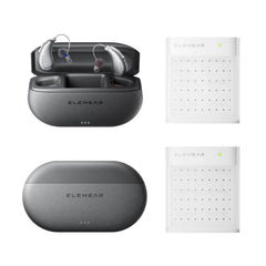ELEHEAR Beyond hearing aid charging case with silver earbuds and drying capsules