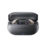 ELEHEAR hearing aid charging case open front view showing BTE devices stored inside with LED battery indicators thumbnail