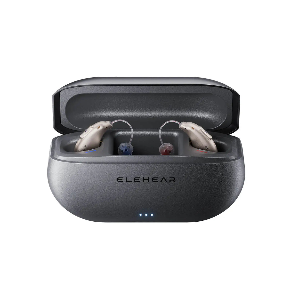 ELEHEAR Beyond hearing aids in charging case, silver matte finish