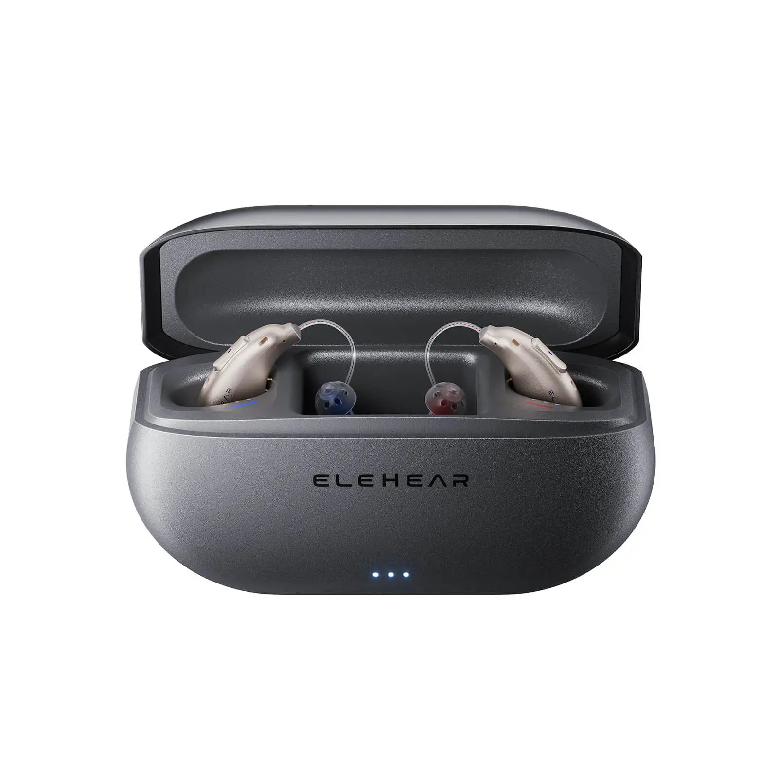 ELEHEAR hearing aid charging case open front view showing BTE devices stored inside with LED battery indicators