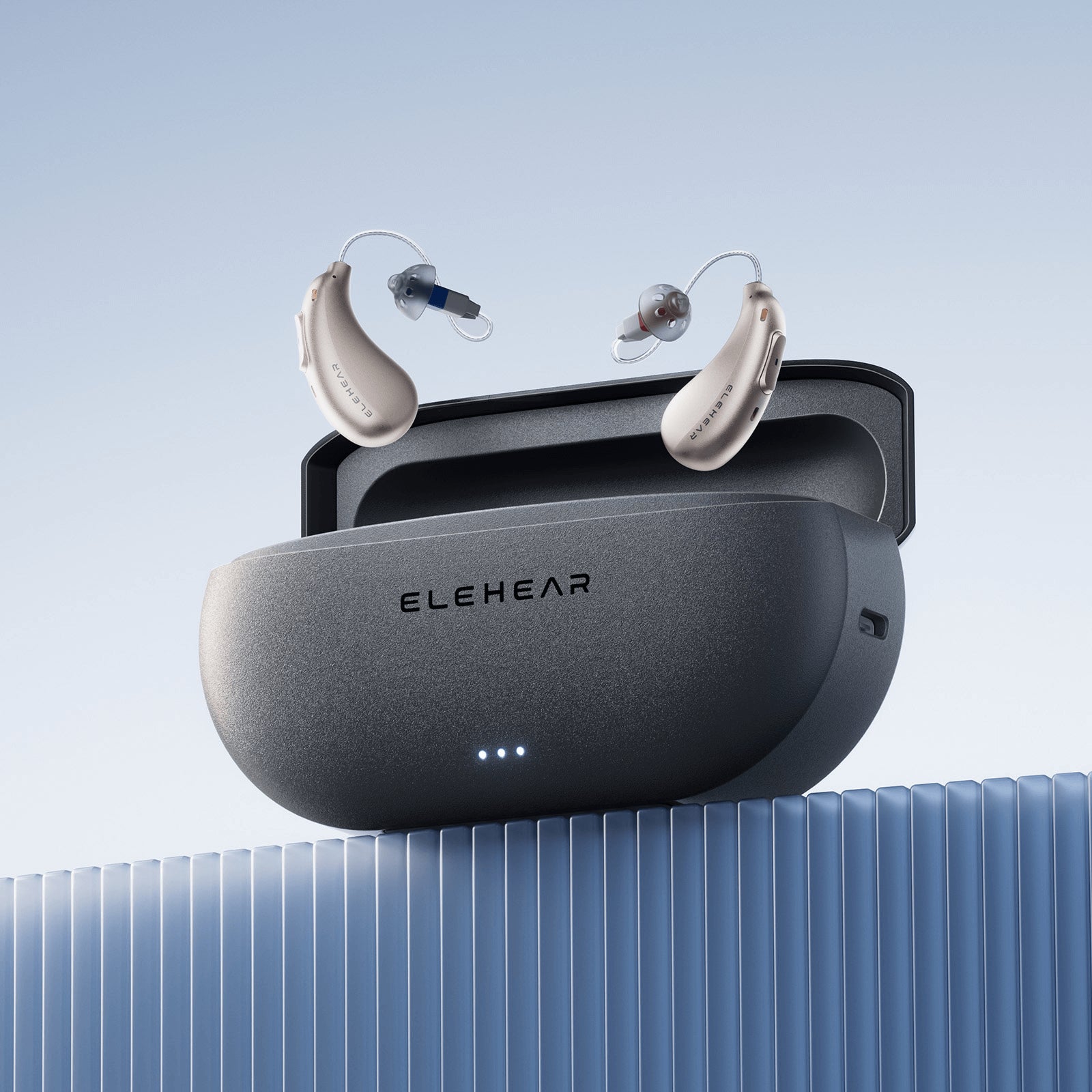 ELEHEAR rechargeable hearing aids resting on open charging case with LED indicators on blue ridged surface