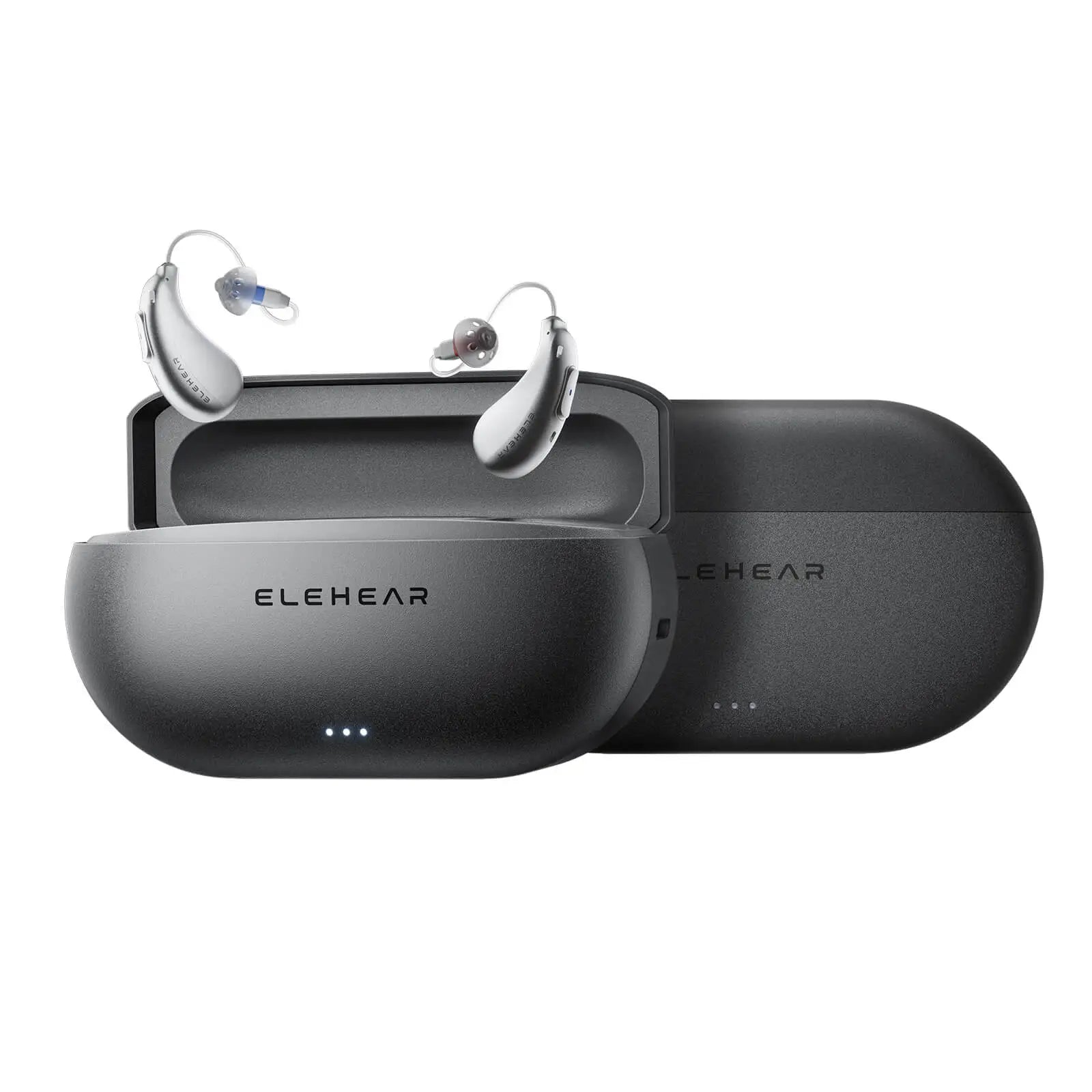 ELEHEAR hearing aids with two portable charging cases showing LED indicators for battery status