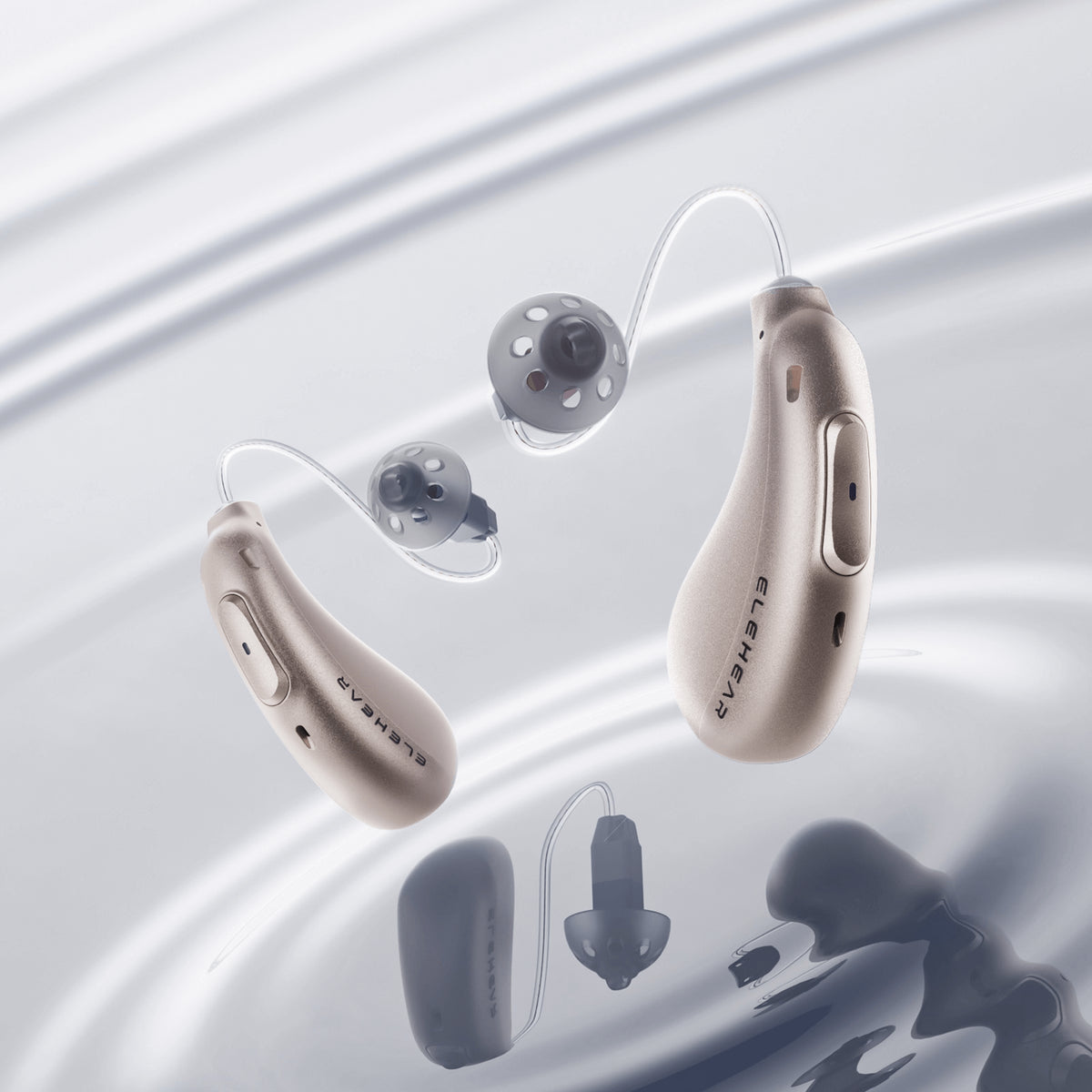 ELEHEAR Beyond hearing aids in silver and champagne with domes and charging case parts