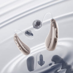ELEHEAR Beyond hearing aids in silver and champagne with domes and charging case parts
