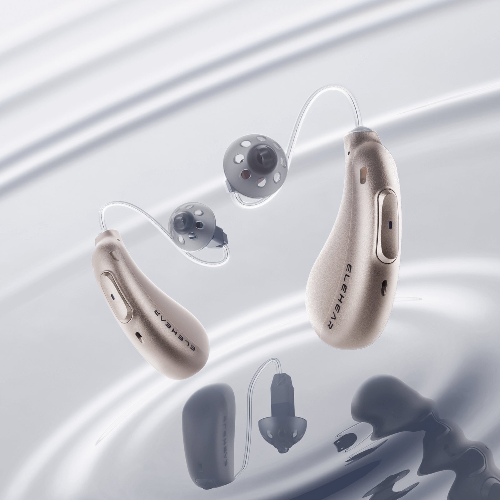 ELEHEAR hearing aids exploded view showing individual components including ear domes, receivers, and BTE devices