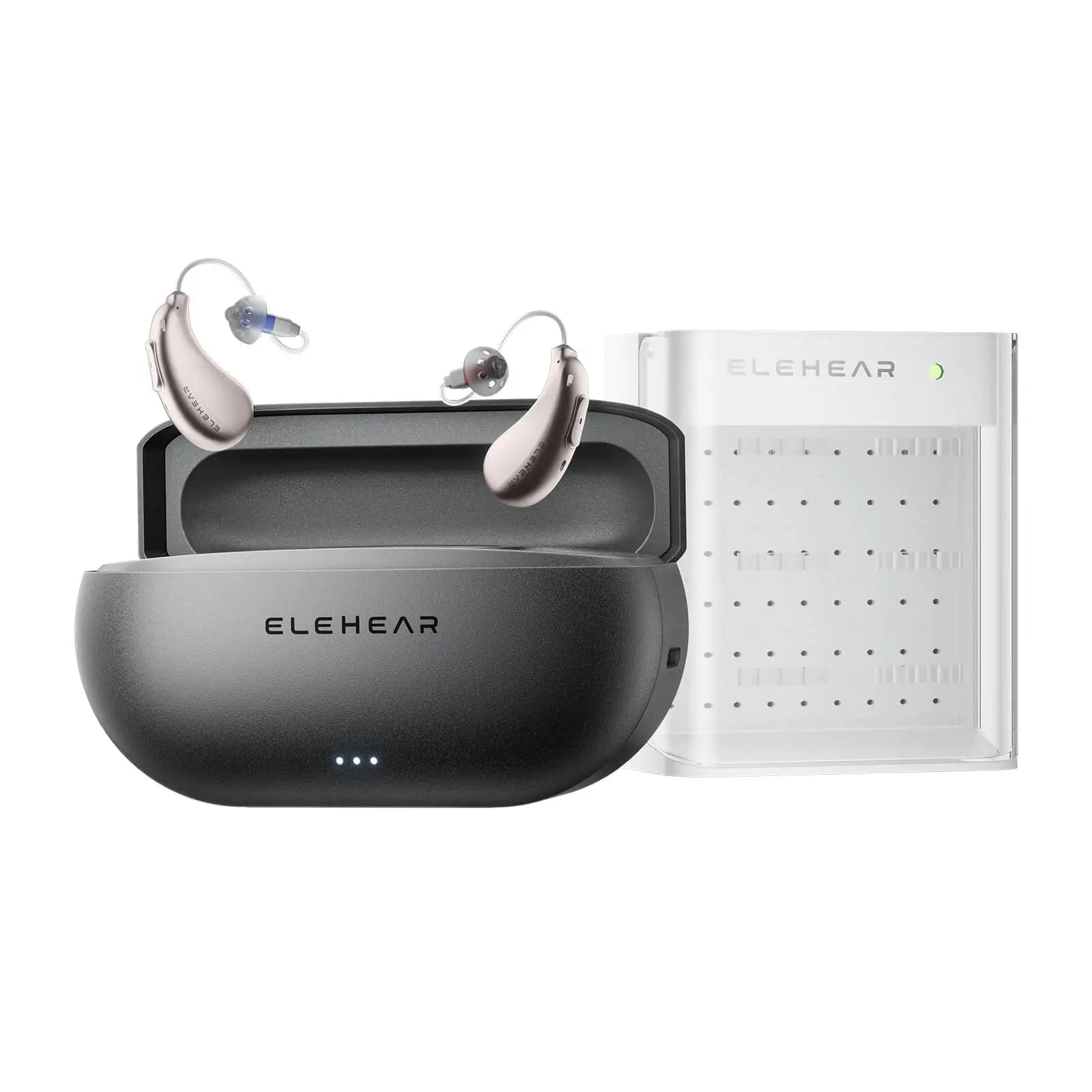 ELEHEAR hearing aids with charging case and moisture-absorbing drying capsule for optimal device care