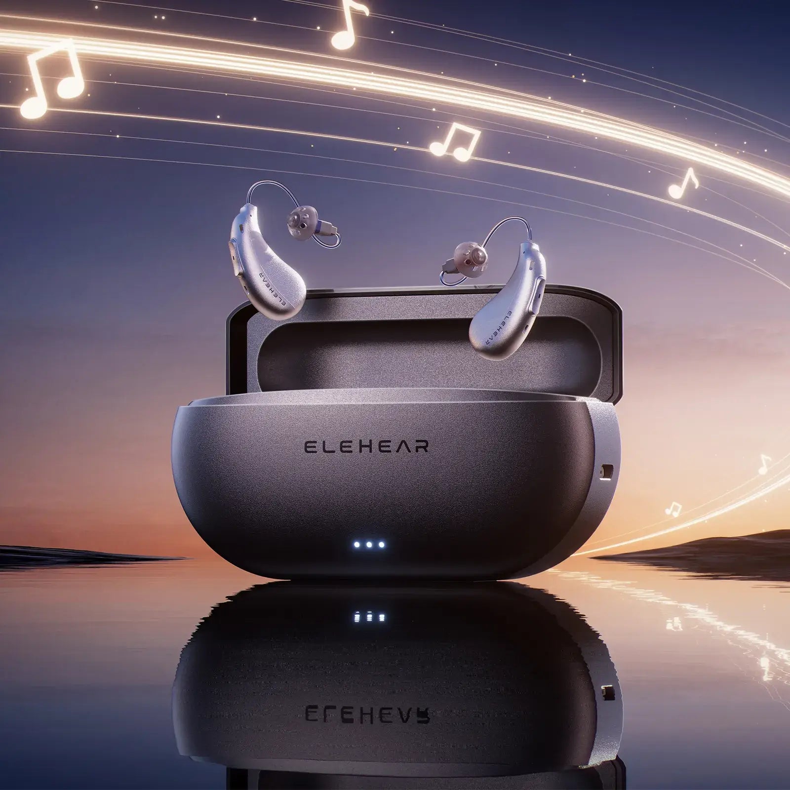 ELEHEAR hearing aids with charging case and floating music notes showing wireless audio streaming capability