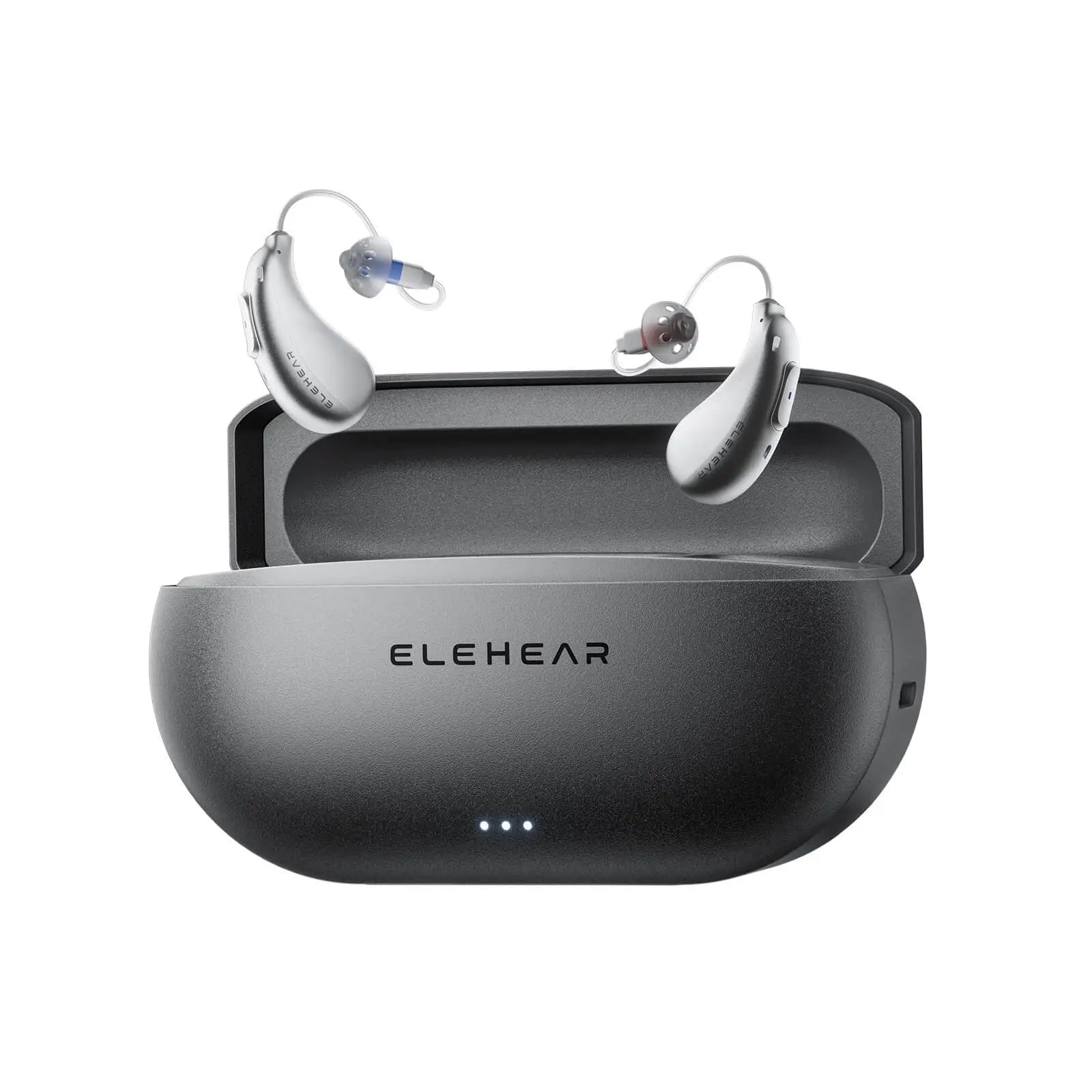 ELEHEAR behind-the-ear hearing aids pair with portable charging case on white background