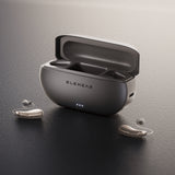 ELEHEAR open charging case with behind-the-ear hearing aids on dark surface showing compact portable design thumbnail