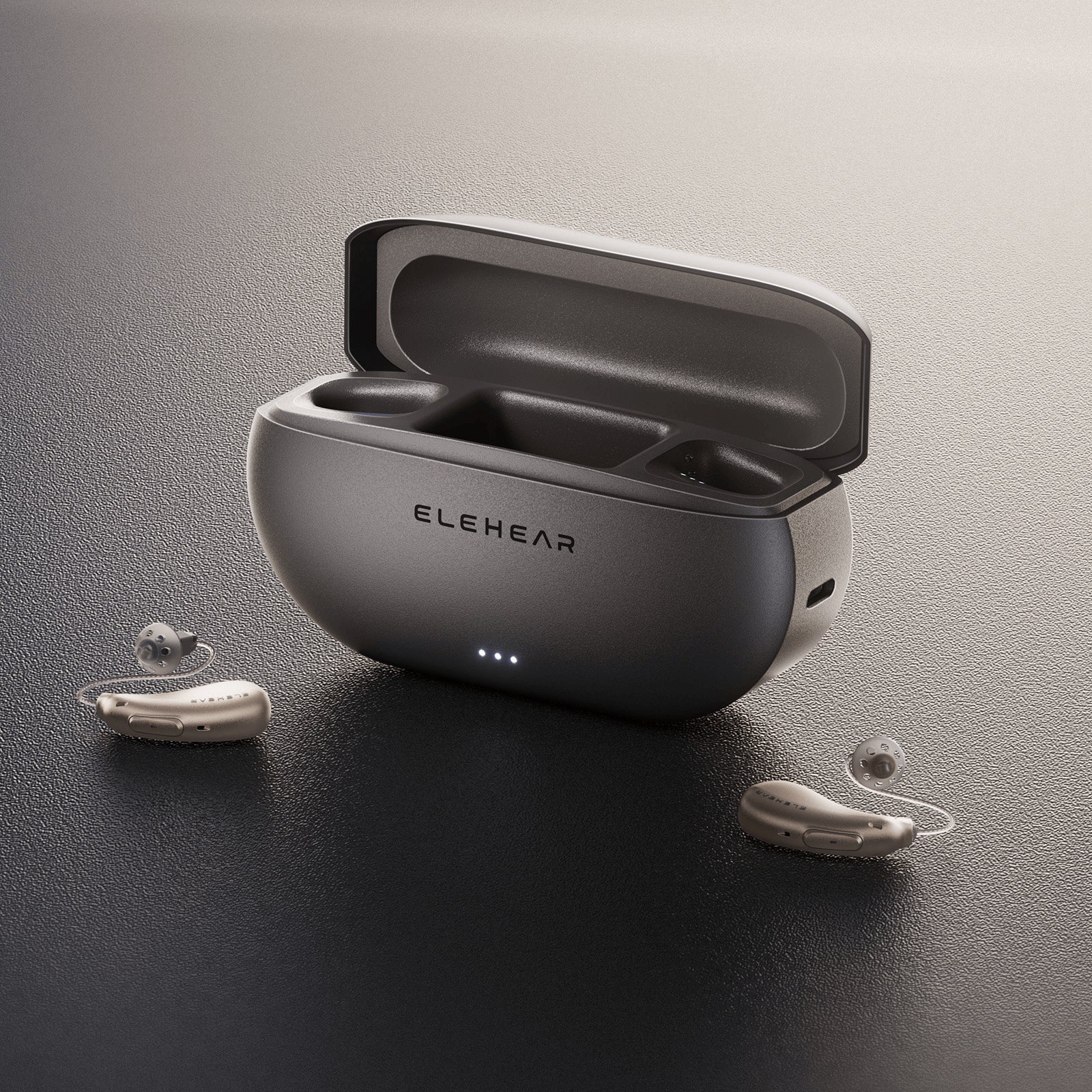 ELEHEAR open charging case with behind-the-ear hearing aids on dark surface showing compact portable design