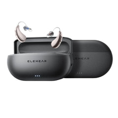 ELEHEAR Beyond hearing aids with charging case, silver and champagne