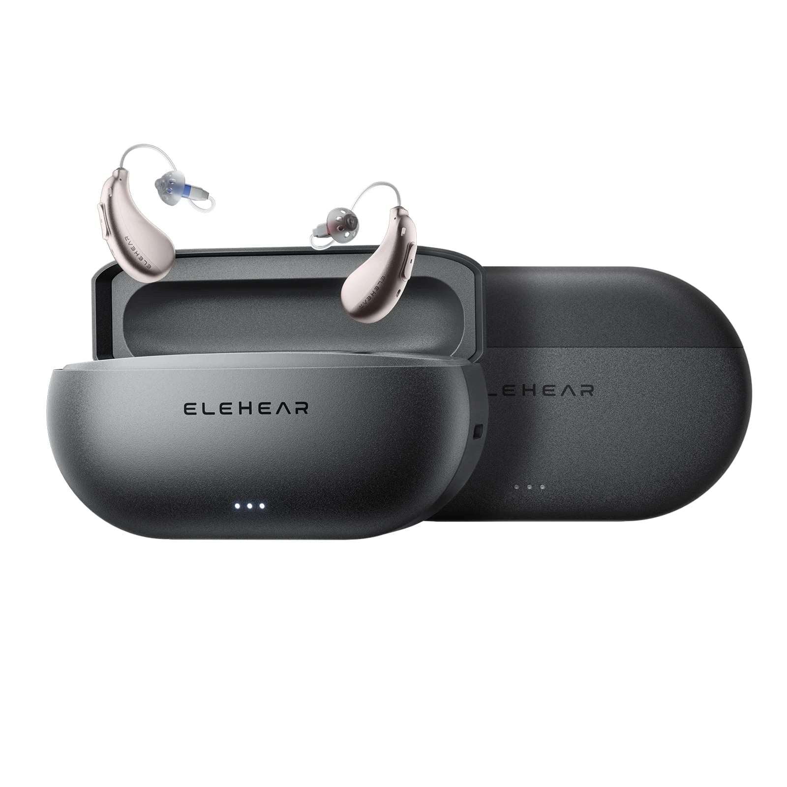 ELEHEAR hearing aids with two portable charging cases side by side showing LED battery indicators
