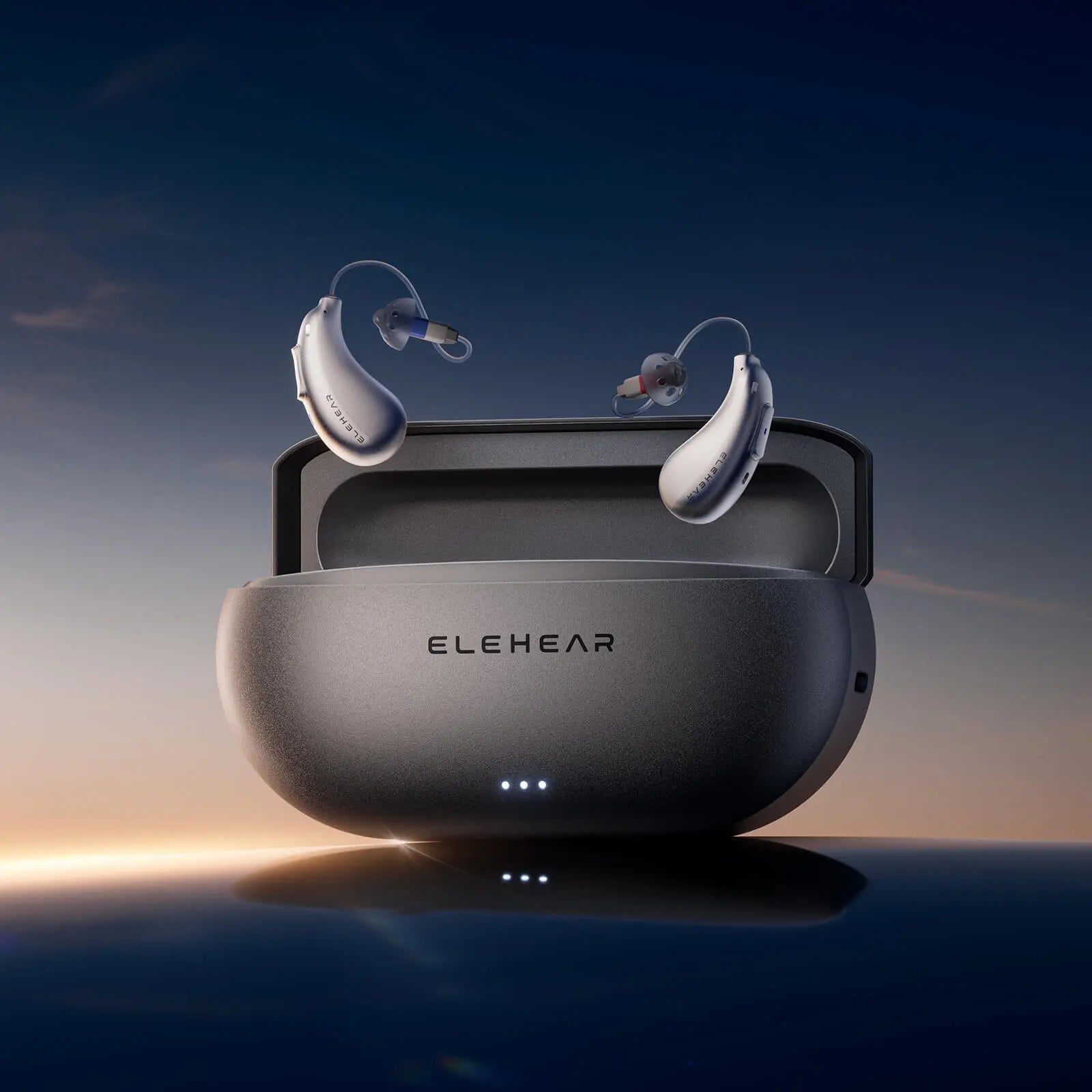 ELEHEAR rechargeable hearing aids with charging case featuring LED indicators against blue gradient background