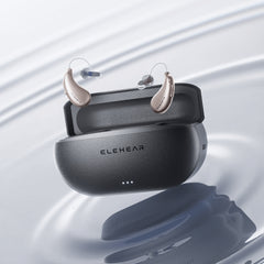 ELEHEAR Beyond hearing aids in beige charging case with LED indicators