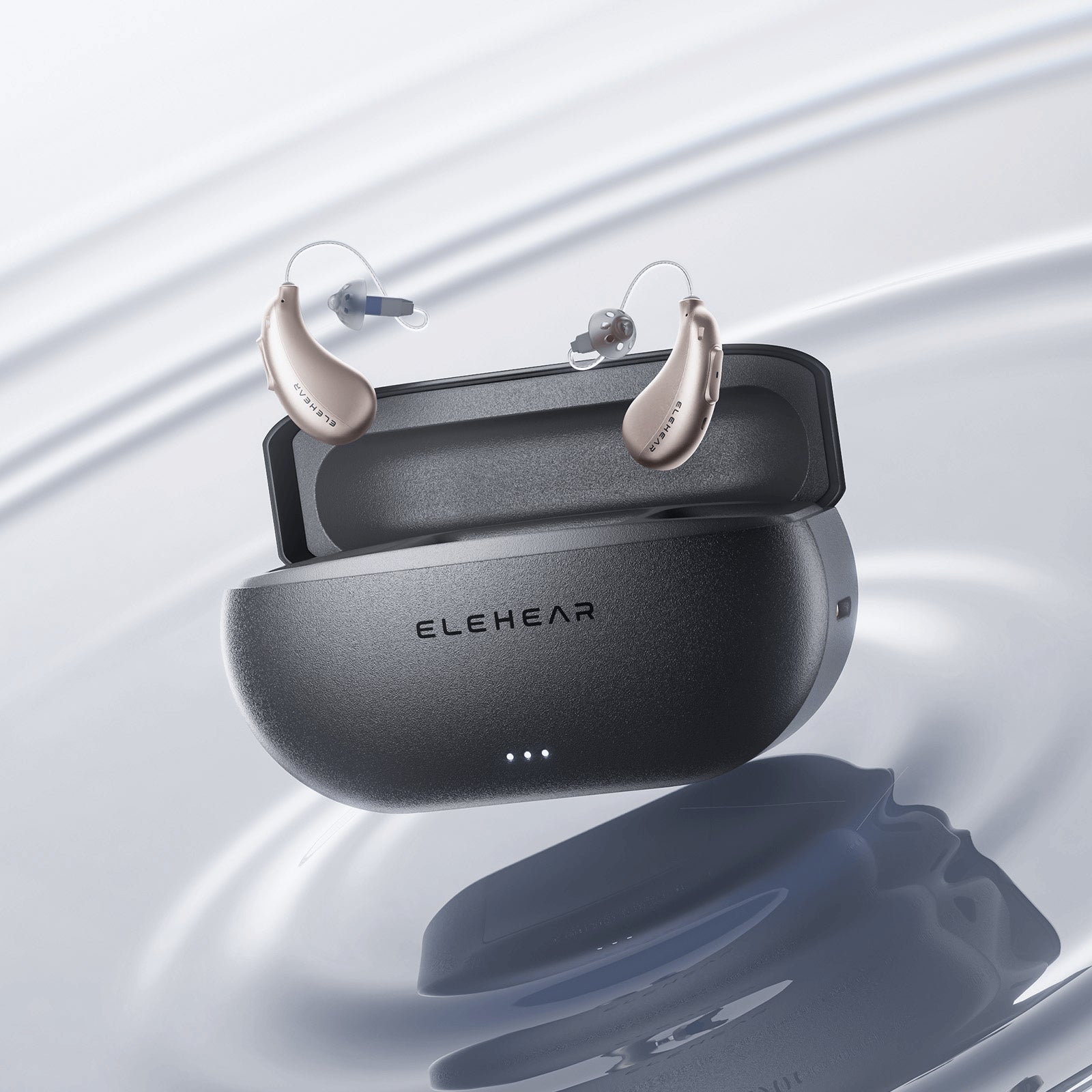 ELEHEAR rechargeable hearing aids in open charging case with LED battery indicators and modern design